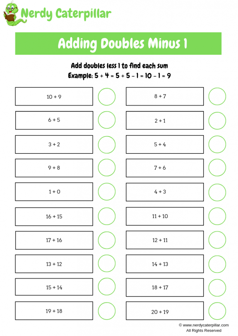 Adding doubles minus 1 worksheet - Nerdy Caterpillar
